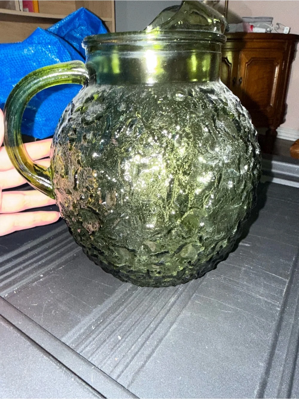 Vintage Textured Green Glass Pitcher